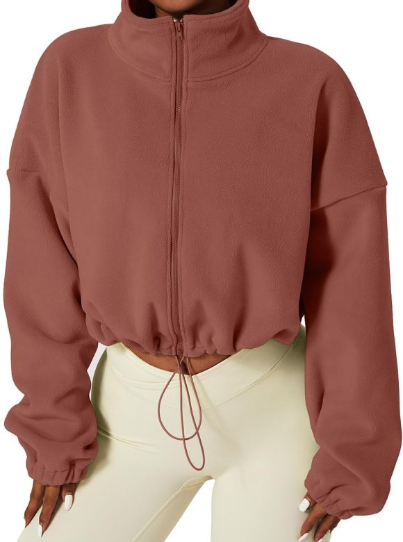 Women's Full Zip Fleece Short Jacket Warm Winter Long Sleeve Stand Collar Sherpa Crop Coat