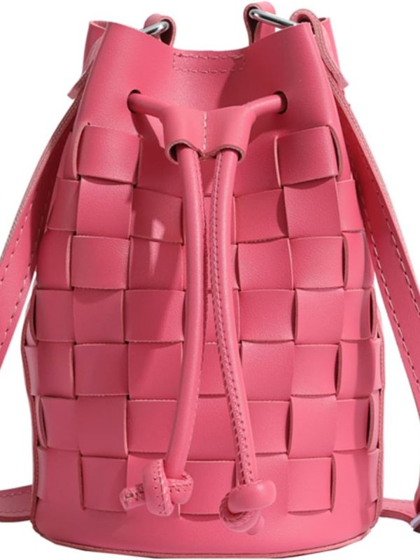 Bucket  for Women, Mini Leather Woven Bucket Bag Drawstring   Crossbody Bucket Handbags