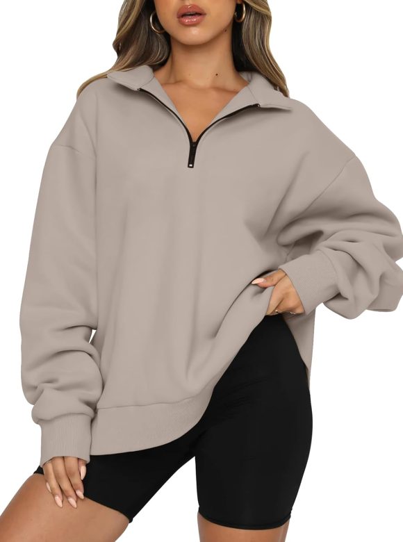 Women's Oversized Half Zip Fleece Sweatshirts Cozy Pullover, Drop Shoulder for Fall Winter