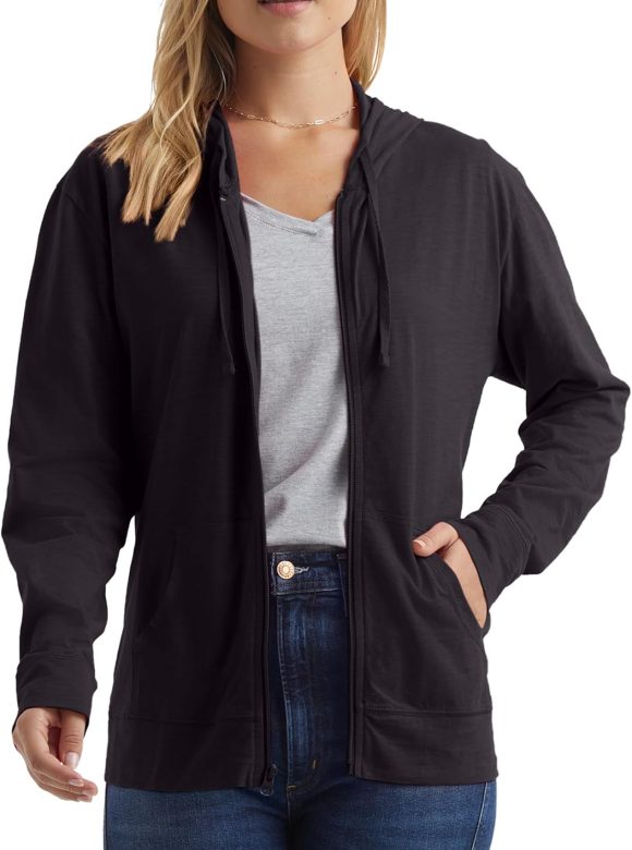 womens Slub Knit Full-zip Hoodie, Textured Cotton Zip-up T-shirt Hoodie for Women