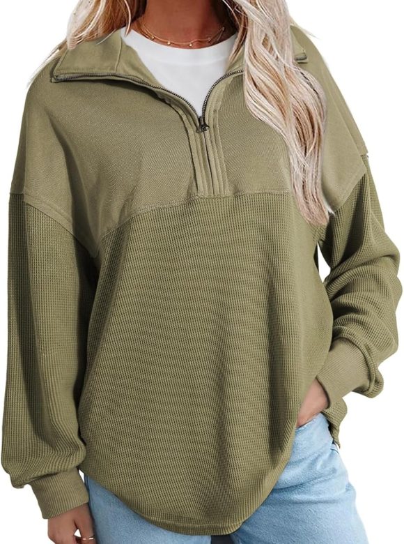 Womens Fall Sweatshirt Casual Waffle Knit Half Zip Pullover Loose Long Sleeve Tops