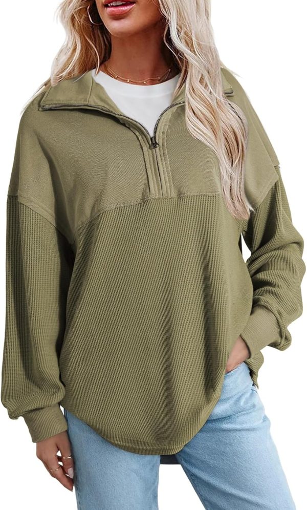 Womens Fall Sweatshirt Casual Waffle Knit Half Zip Pullover Loose Long Sleeve Tops