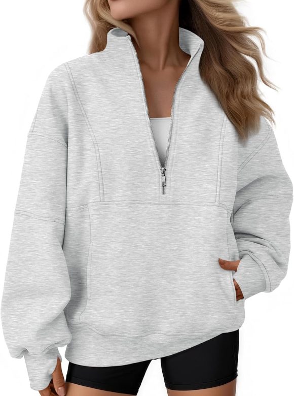 Womens Quarter Zip Oversized Sweatshirts Teen Fleece Pullover Hoodies Mock Neck Sweater Fall Workout Jacket