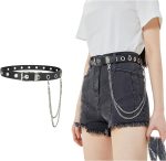Grommet Leather Belt with Detachable Chain Women Men Punk Rock Waist Belts for Jeans Pants