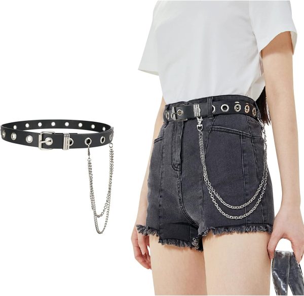 Grommet Leather Belt with Detachable Chain Women Men Punk Rock Waist Belts for Jeans Pants