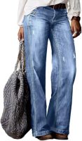 Straight Leg Jeans for Women Ripped Raw Hem Mid Waisted Bootcut Jeans Without Belts