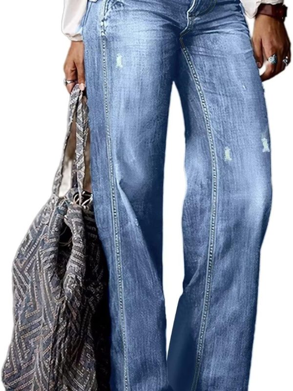 Straight Leg Jeans for Women Ripped Raw Hem Mid Waisted Bootcut Jeans Without Belts