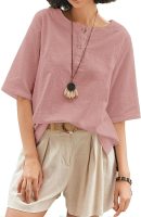 Womens Cotton Tops Loose Fit Summer Linen Shirt Solid Short Sleeve Boho Clothes