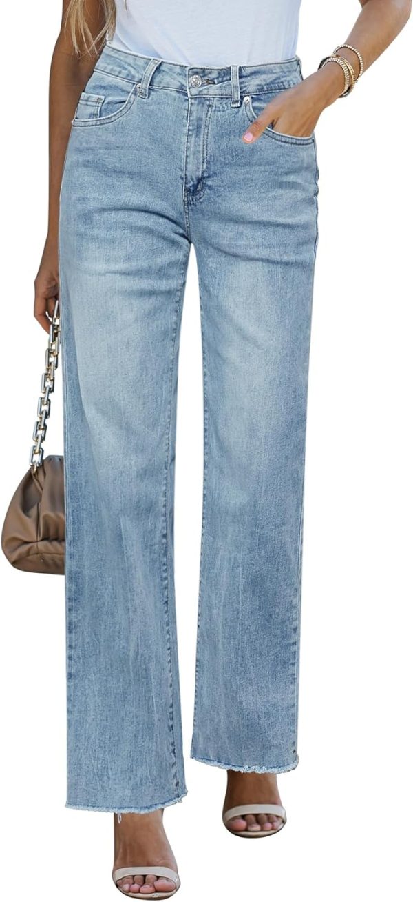 Straight Leg Jeans for Women High Waisted Stretchy Frayed Raw Hem Loose Denim Pants Casual Baggy Jean Trousers