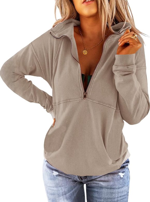Women's Long Sleeve Lapel Half Zip Up Sweatshirt Solid Stylish Loose Fit Casual Pullover Tops