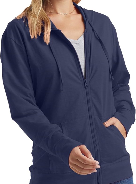 womens Slub Knit Full-zip Hoodie, Textured Cotton Zip-up T-shirt Hoodie for Women