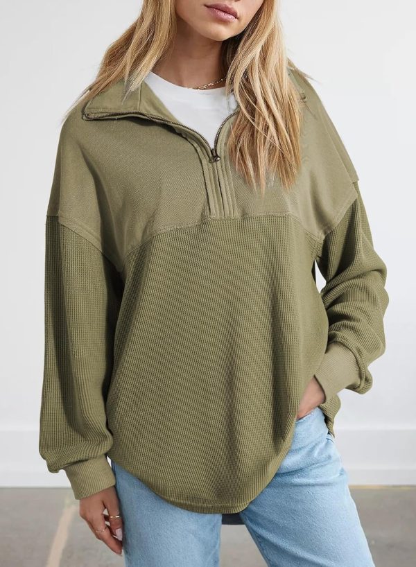 Womens Fall Sweatshirt Casual Waffle Knit Half Zip Pullover Loose Long Sleeve Tops